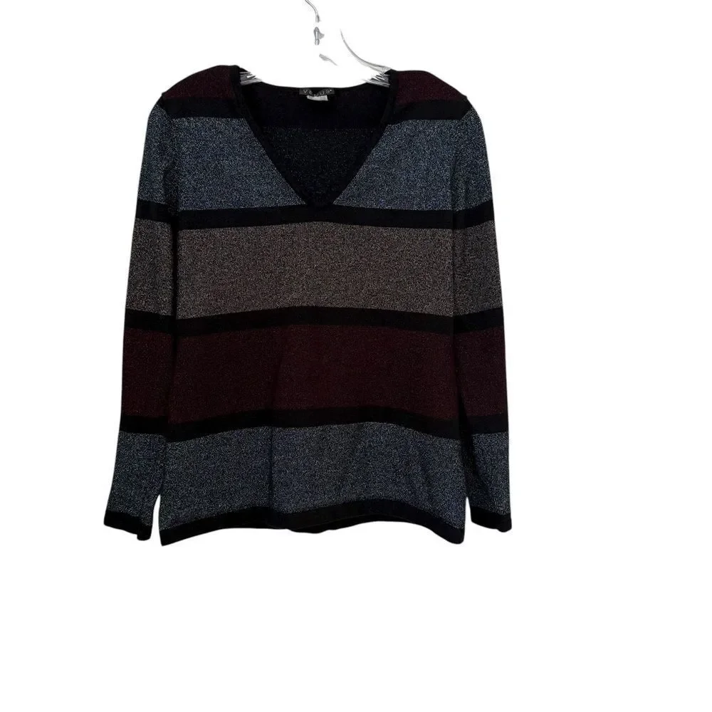 Venus V-Neck Metallic Striped Long Sleeve Sweater